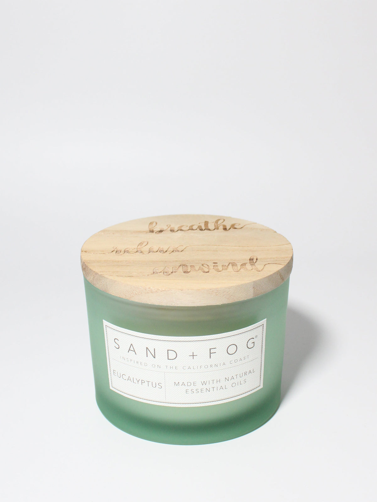 Eucalyptus 12 oz scented candle Sea Foam vessel with breathe relax unwind lid